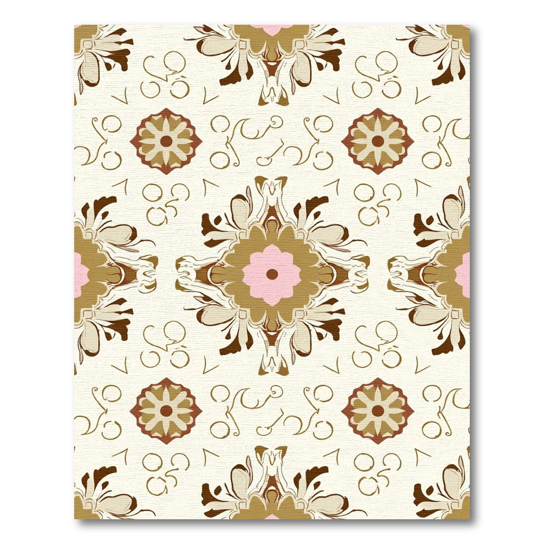 Cream Pink Gold Floral Medallion Repeating Rug