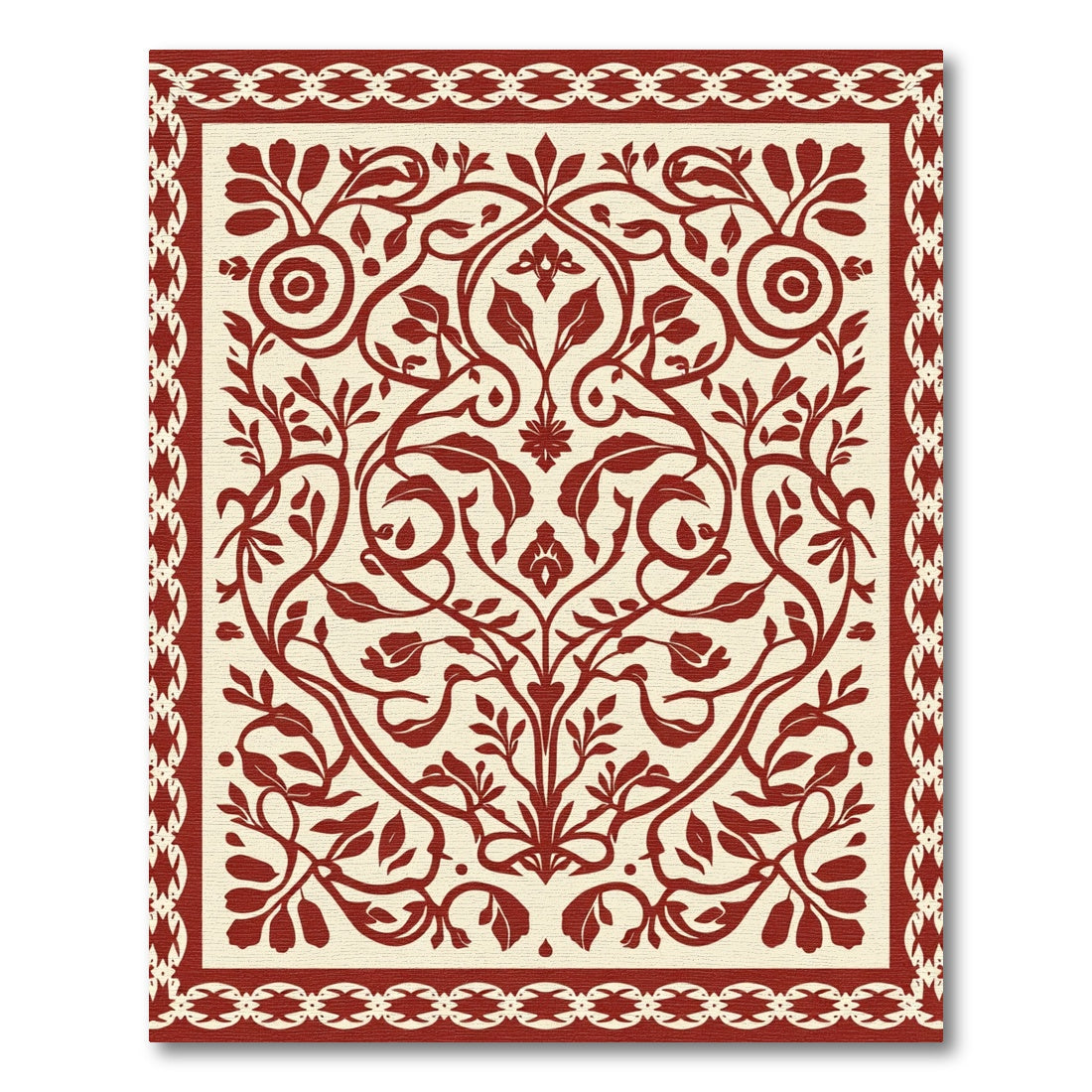 Crimson Botanical Scroll Border Medallion Rug