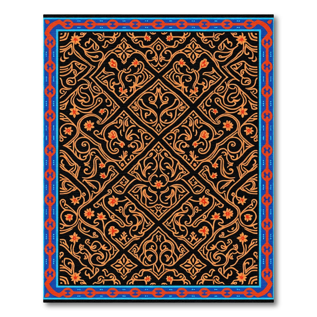 Black Orange Floral Medallion Border Rug
