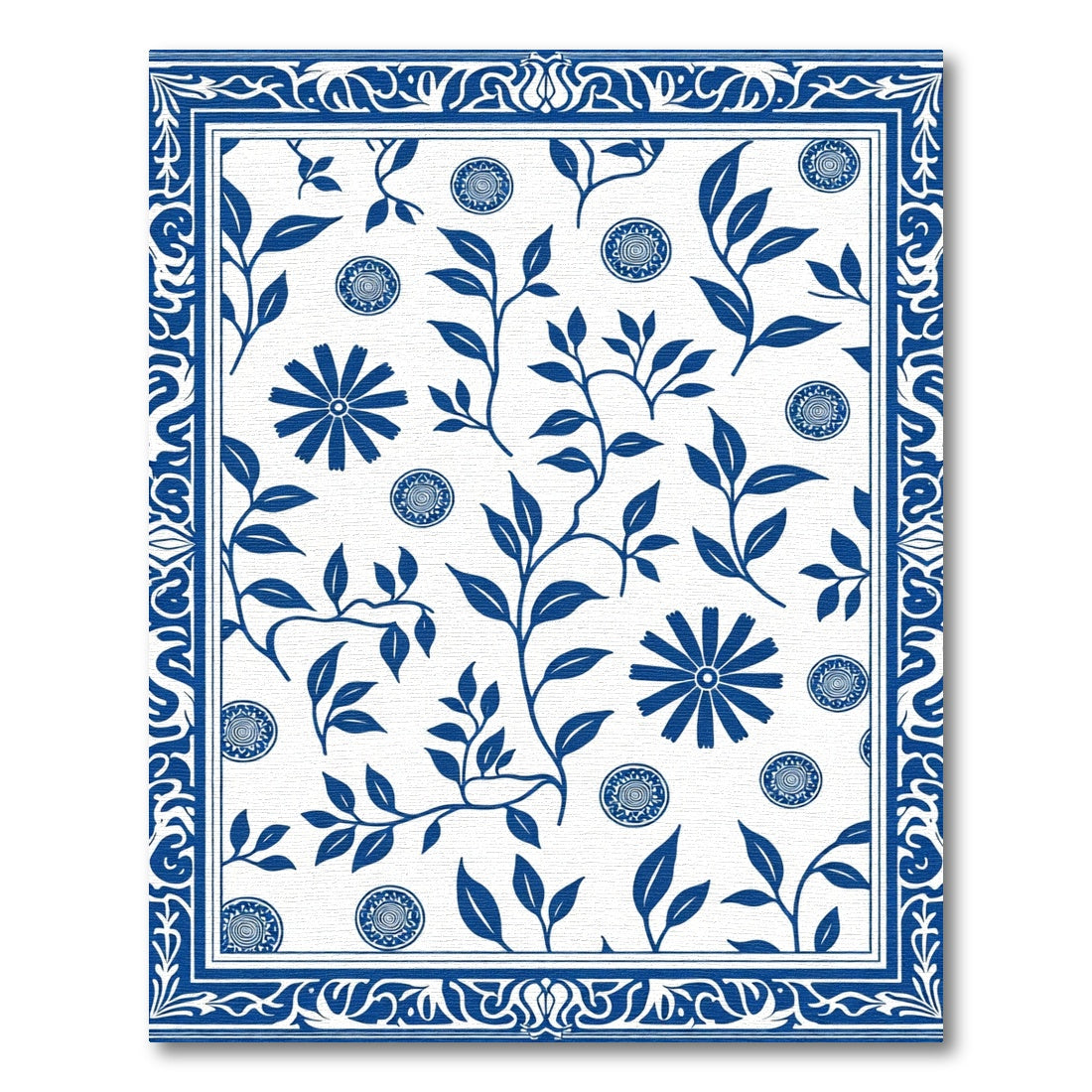 Blue White Floral Bordered Medallion Rug