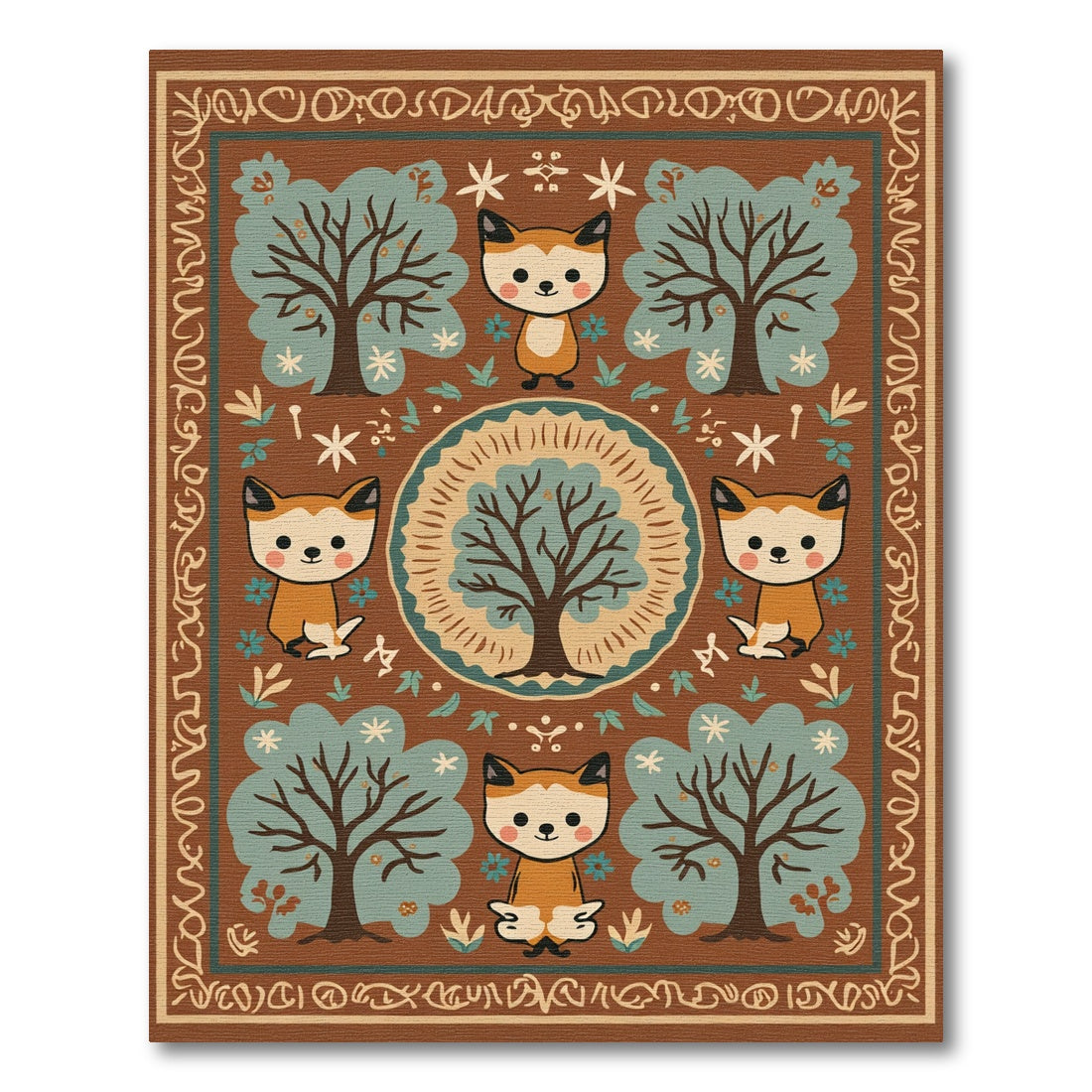 Whimsical Fox and Trees Woodland Scene Rug