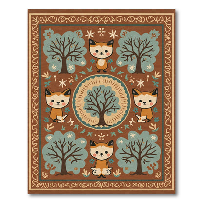 Whimsical Fox and Trees Woodland Scene Rug