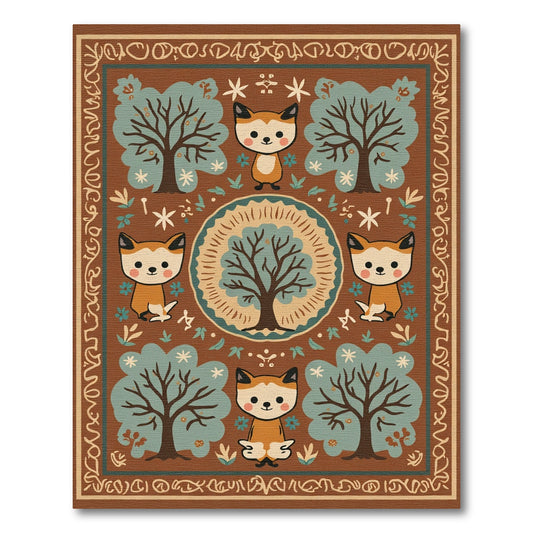 Whimsical Fox and Trees Woodland Scene Rug