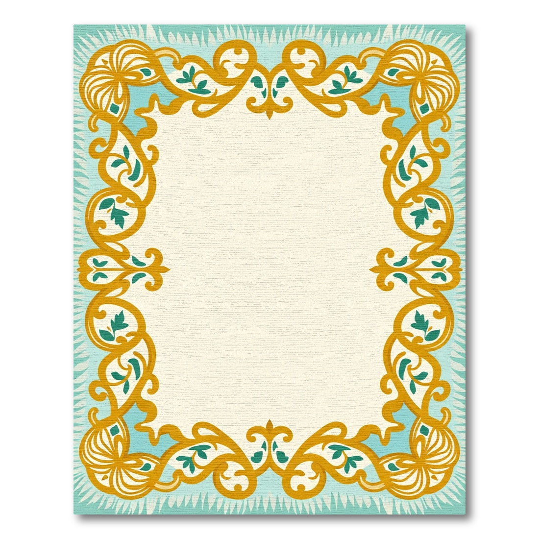 Golden Teal Floral Scroll Border Rug