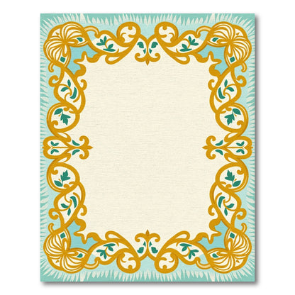 Golden Teal Floral Scroll Border Rug