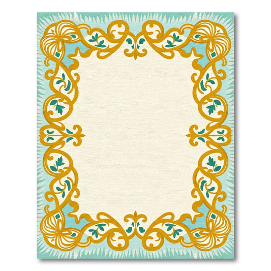 Golden Teal Floral Scroll Border Rug
