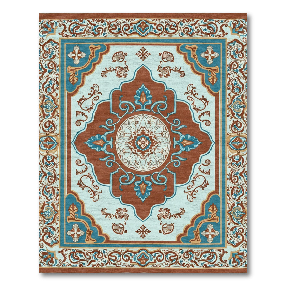 Terracotta Teal Medallion Scroll Border Rug