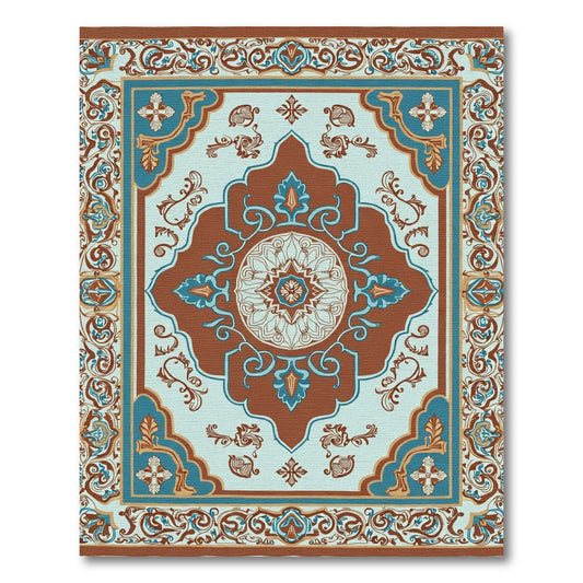 Terracotta Teal Medallion Scroll Border Rug