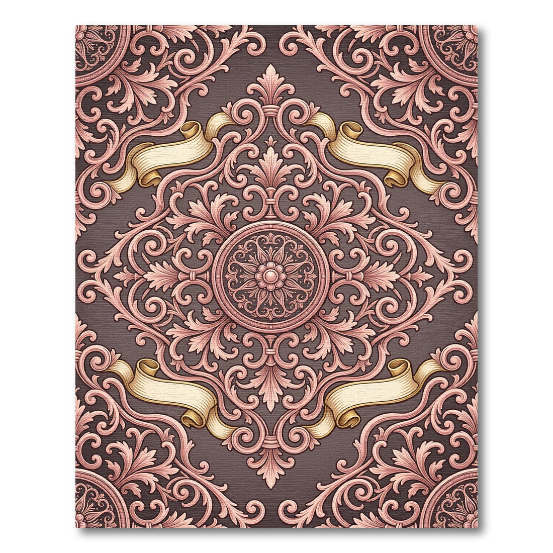 Antique Rose Scrollwork Medallion Ribbons Rug