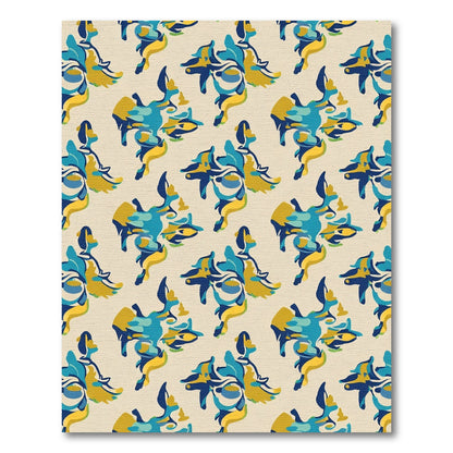 Abstract Blue Gold Figure Repeating Pattern Rug