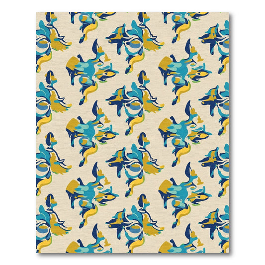 Abstract Blue Gold Figure Repeating Pattern Rug