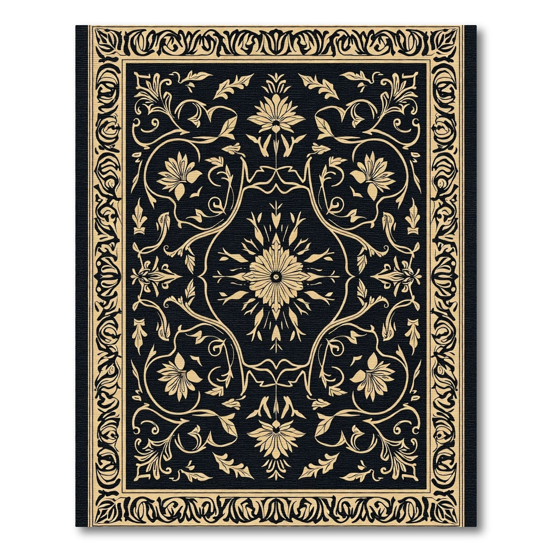 Gold Floral Vine Black Rectangle Rug