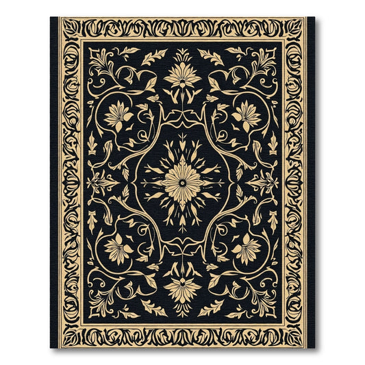 Gold Floral Vine Black Rectangle Rug
