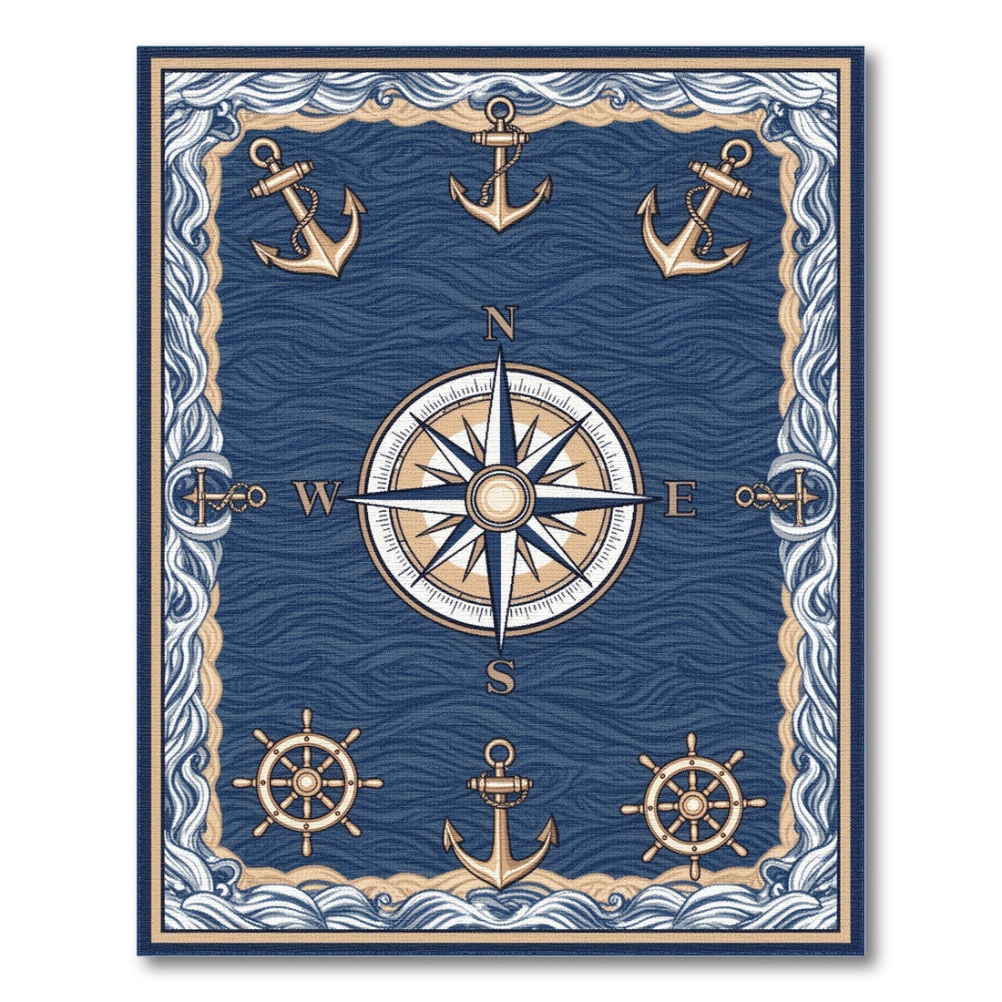 Coastal Beach Blue Nautical Compass Anchor Area Rug