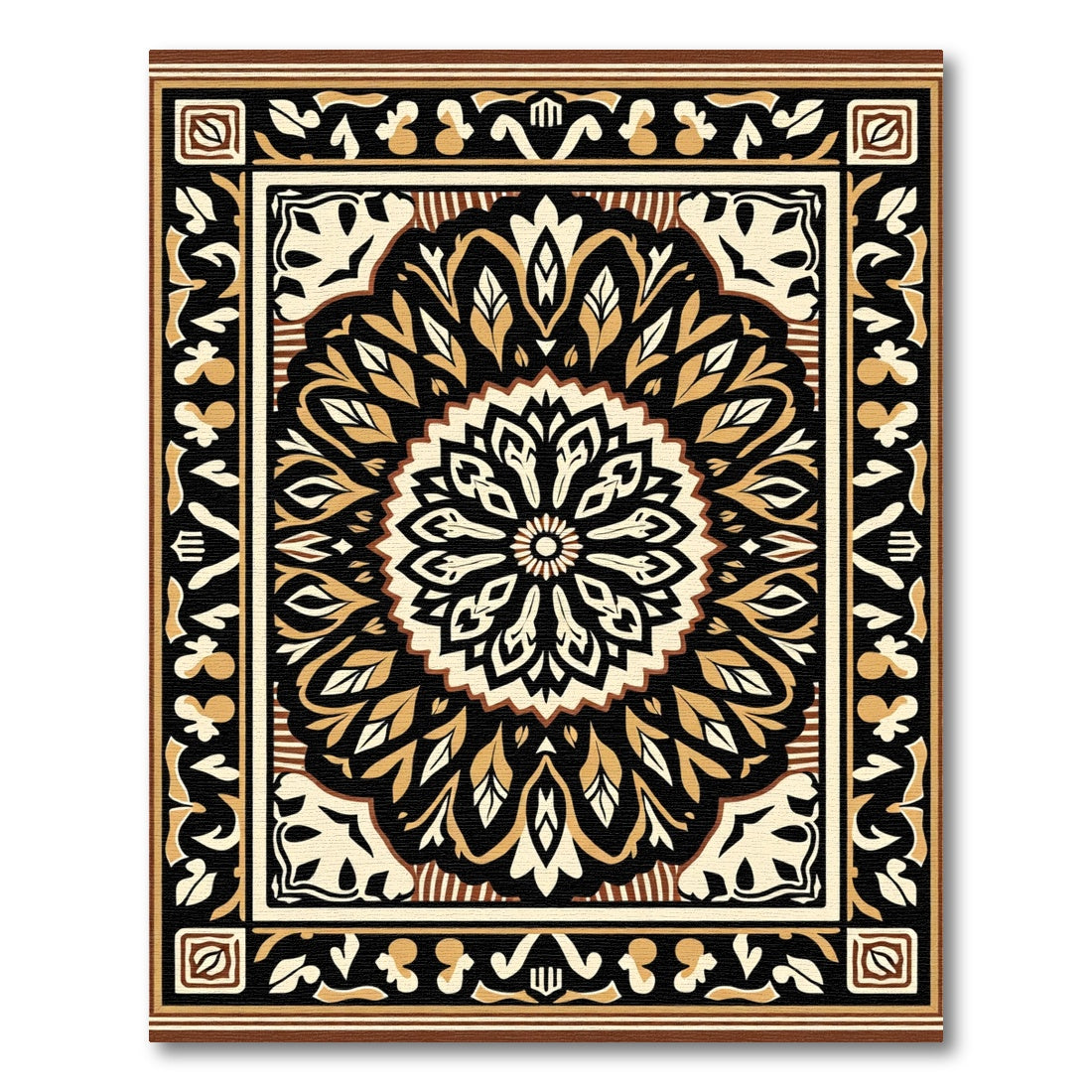Vibrant Black Golden Medallion Border Rug