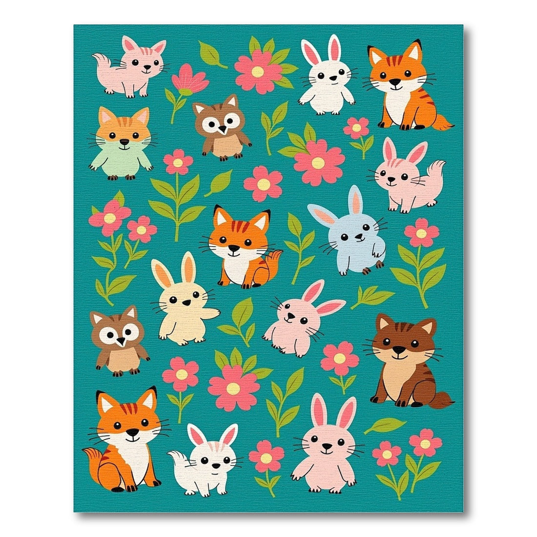 Pink Green Woodland Animals Floral Rug