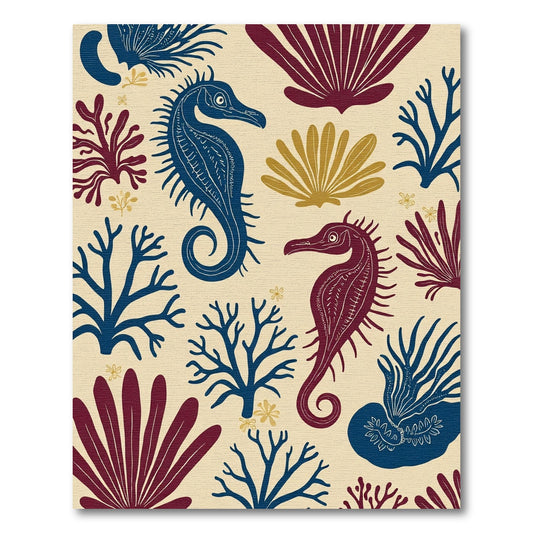Deep Blue Red Seahorse Coral Collage Rug