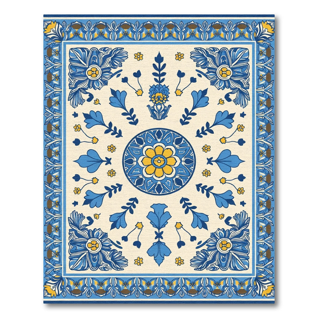 Blue Yellow Floral Medallion Border Rug