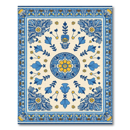 Blue Yellow Floral Medallion Border Rug