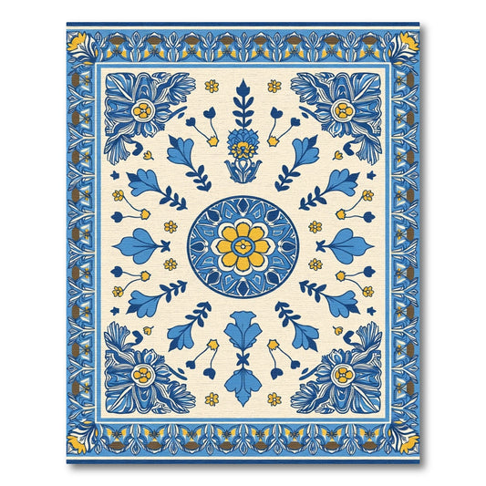 Blue Yellow Floral Medallion Border Rug