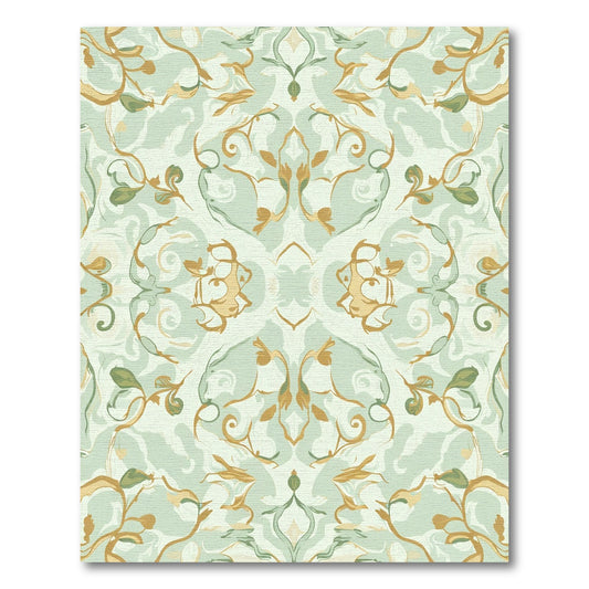 Pale Aqua Gold Scrollwork Floral Harmony Rug