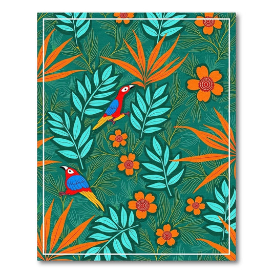 Tropical Parrots Orange Flower Foliage Rug