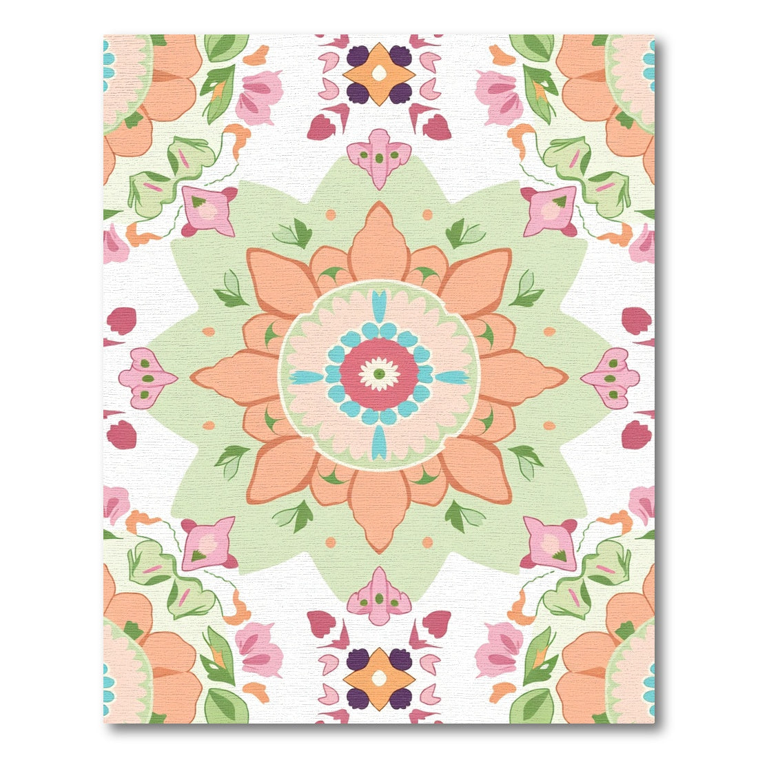 Coral Pink Green Floral Mandala Rug