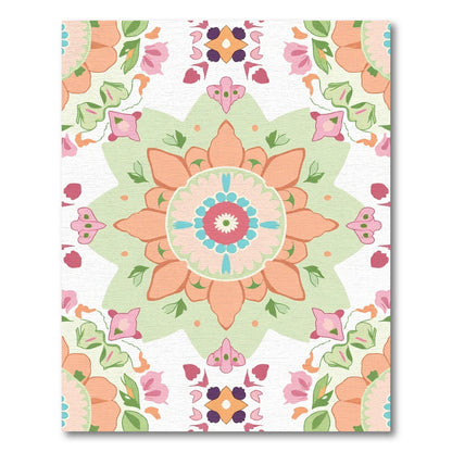 Coral Pink Green Floral Mandala Rug