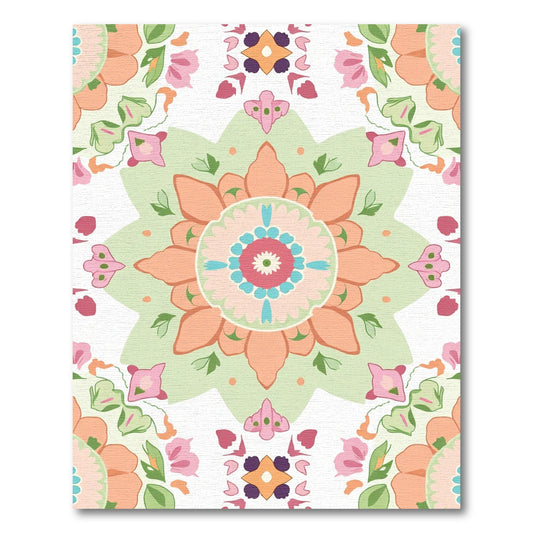 Coral Pink Green Floral Mandala Rug
