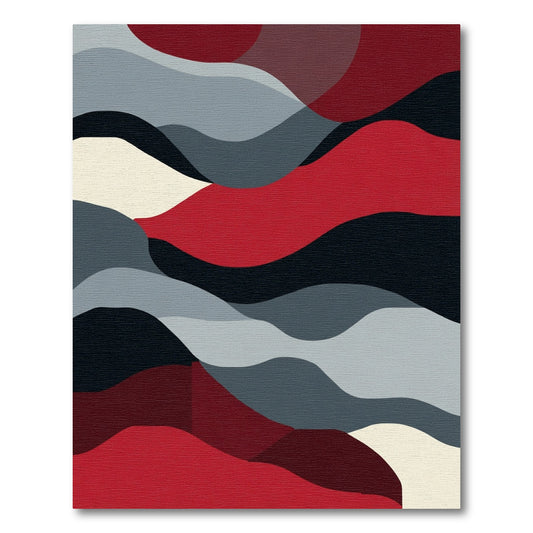 Crimson and Gray Abstract Wave Rug