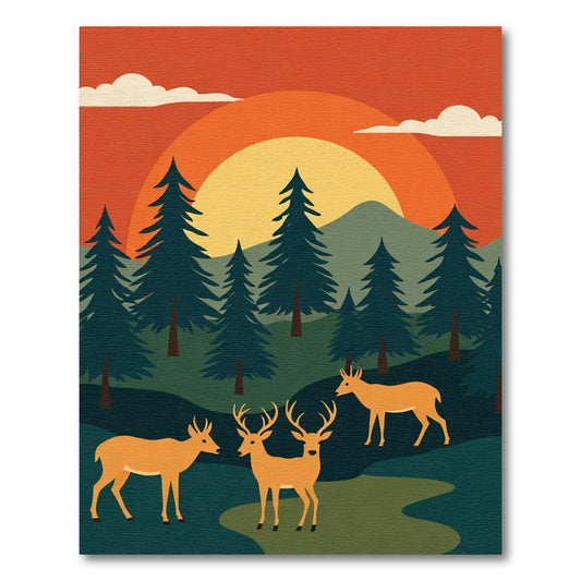 Golden Deer Forest Sunset Scene Rug