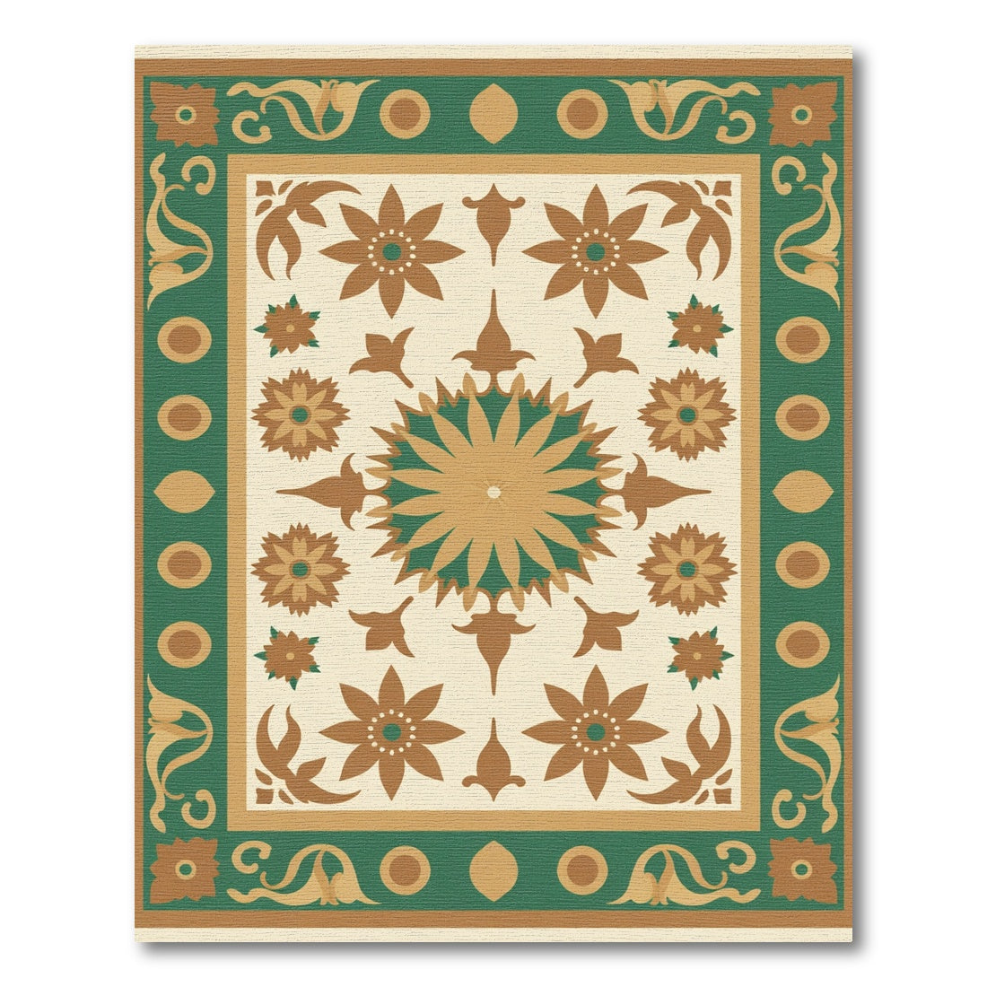 Golden Green Floral Medallion Motif Rug