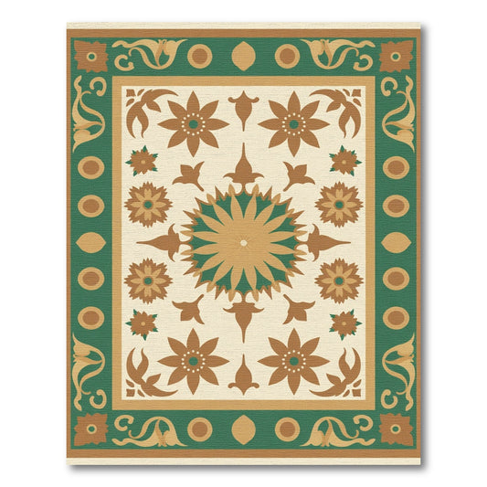 Golden Green Floral Medallion Motif Rug