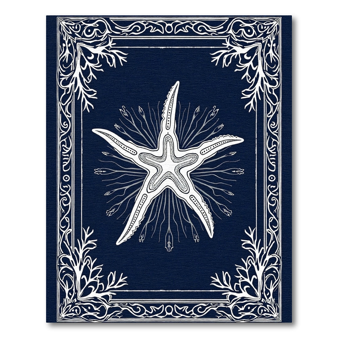 White Starfish Botanical Navy Border Rug