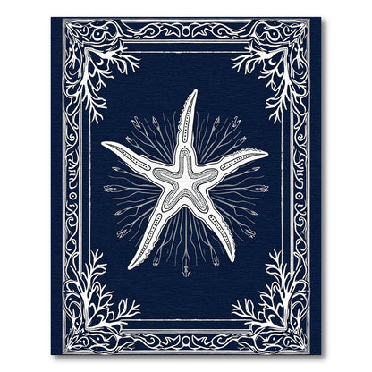 White Starfish Botanical Navy Border Rug