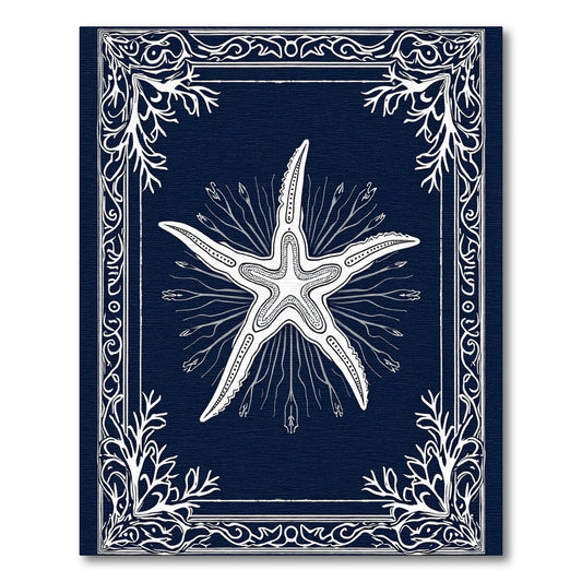 White Starfish Botanical Navy Border Rug