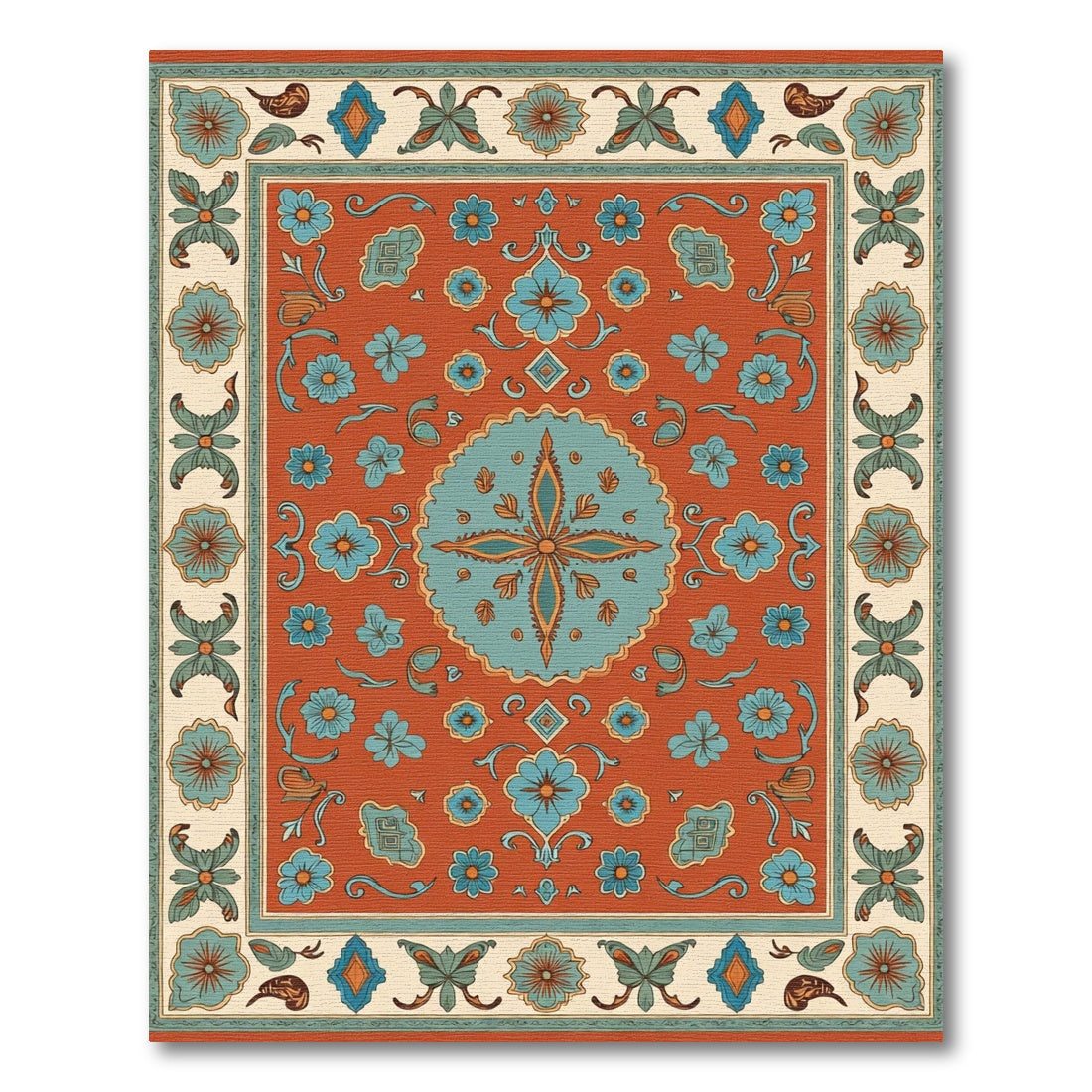 Terracotta Blue Floral Medallion Borders Rug