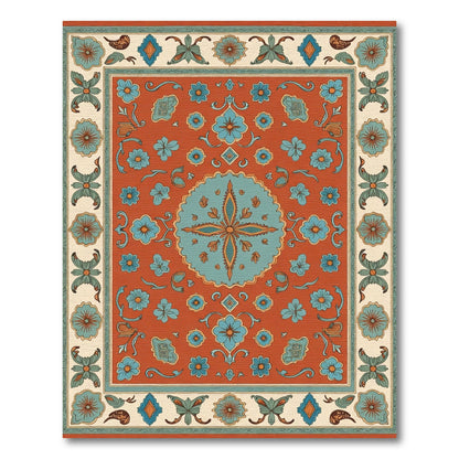 Terracotta Blue Floral Medallion Borders Rug