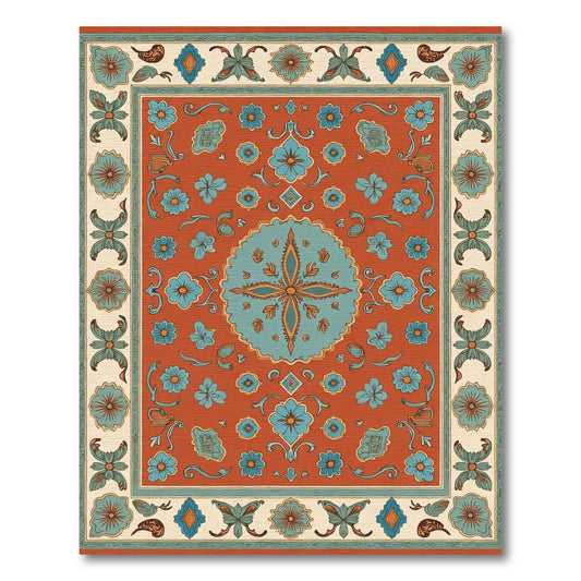 Terracotta Blue Floral Medallion Borders Rug