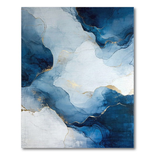 Blue Abstract Marble Area Rug with Gold Accents