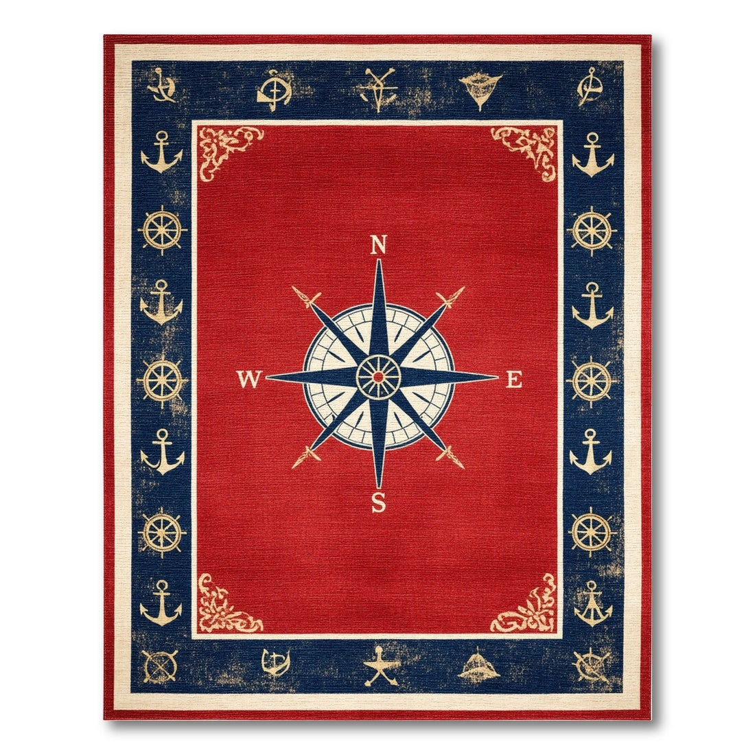 Red Nautical Compass Area Rug with Anchors