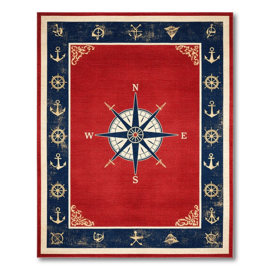 Red Nautical Compass Area Rug with Anchors