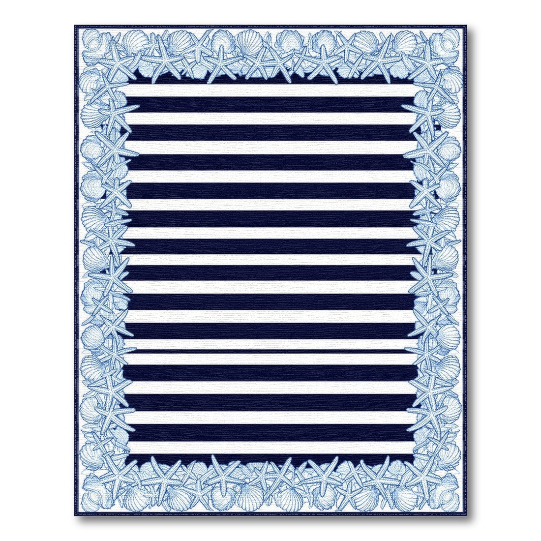 Navy Striped Coastal Area Rug with Seashell Starfish Border