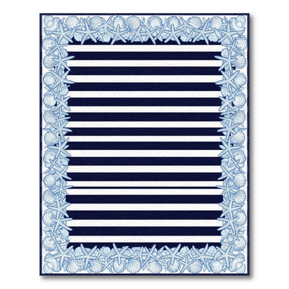 Navy Striped Coastal Area Rug with Seashell Starfish Border