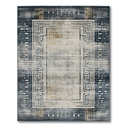 Grey Distressed Vintage Area Rug with Greek Key Border