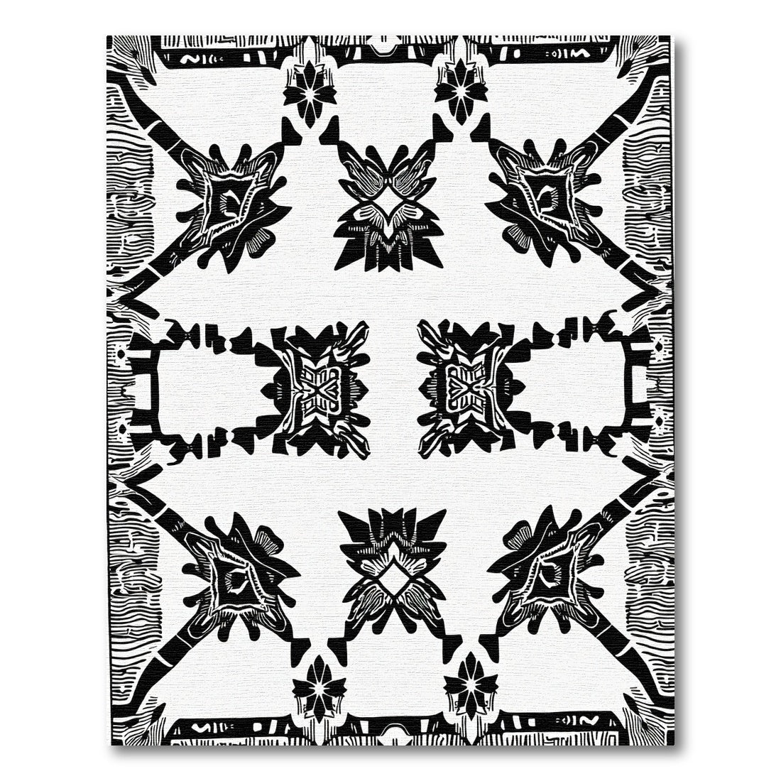 Central Black White Abstract Floral Rug