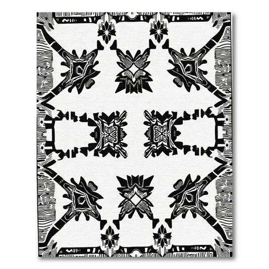 Central Black White Abstract Floral Rug