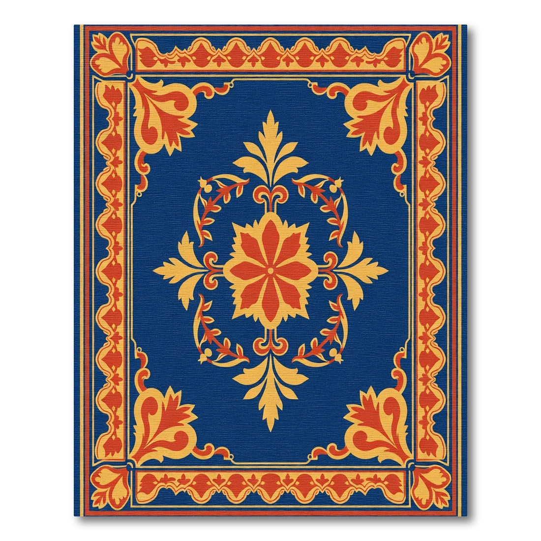 Deep Blue Red Golden Floral Medallion Rug