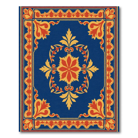 Deep Blue Red Golden Floral Medallion Rug