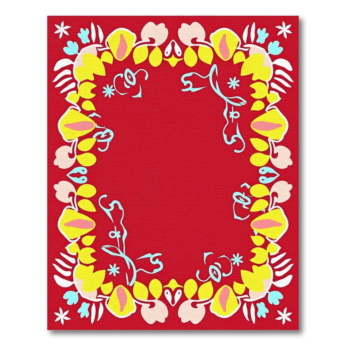 Whimsical Red Yellow Floral Frame Rug